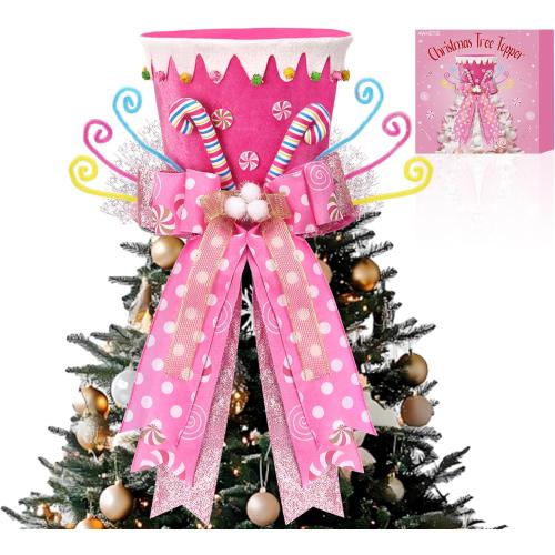 Candy Cane Christmas Tree Topper,Candy Cane Christmas Decorations,Velvet Pink Hat with Peppermint Bows Ribbon Ornaments,Top Hat Christmas Tree Topper for Holiday Xmas Decorations (Pink)
