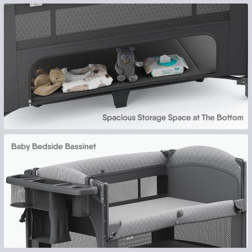 4 in 1 Baby Bassinet, Pack and Play, Bedside Crib Sleeper, Diaper Changer - Comes with Mattress, Mosquito Net, Bottom Storage and Toy Bar for Newborn to Toddles