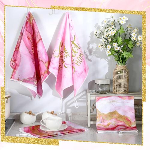 Geyoga 4 Pcs Marble Kitchen Dish Towels Pink and Gold Bathroom Hand Towels Absorbent Marble Tea Washcloths for Winter Spring Bathroom Decor Kitchen Accessories Gifts