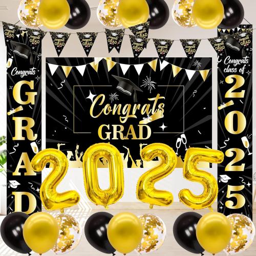 Graduation Decorations 2025, Black and Gold Graduation Decorations Class of 2025 Congrats Grad Backdrop Banner Porch Sign with for Graduation Party Decorations 2025 Graduation Decor