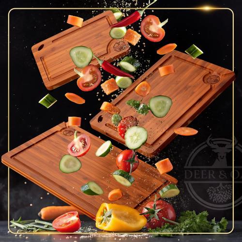 Pre-Oiled, Non Toxic 3-Piece Carbonized Bamboo Cutting Board Set, Eco-Friendly Wooden Chopping Boards for Kitchen with Hanging Hole, 500°F Carbonized Technology Charcuterie Serving Boards Deer & Oak