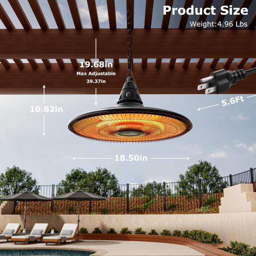 Ceiling Electric Outdoor Heater Wall-Mounted Hanging Patio 1500W Infrared Carbon Fiber Tube Heating Wall Heater for Gazebo, Balcony, Brown ‼️doesn’t come with remote‼️