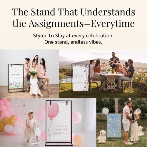 Black Wedding Sign Holder Stand - Elegant Metal Welcome Sign Stand for Wedding, Baby Shower, Bridal Party - 2 Sign Straps, 7 Ribbons for Hanging - Sturdy Display Easel for Seating Chart & Fabric Signs