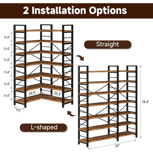 7-Tier Corner Bookshelf, Reversible Wooden Shelves, Industrial Bookcase with Open Shelves and Sturdy Metal Frame, Display Shelf Storage Rack for Living Room, Bedroom, Home Office (Rustic Brown)