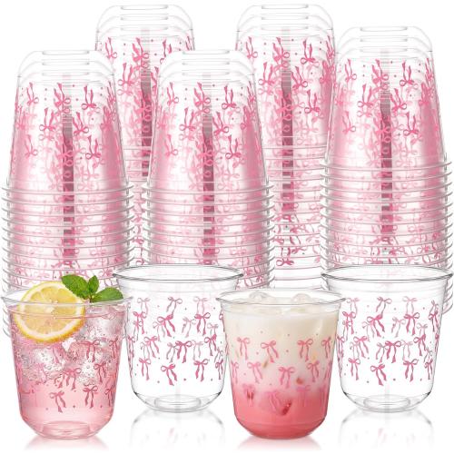 60 Pcs 12 oz Plastic Stemless Wine Glasses Party Disposable Clear Cups for Birthday Baby Shower(Pink Bow Style)