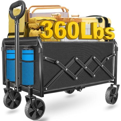 Wagons Carts Foldable, Collapsible Wagon with Wheels — Foldable Wagon for Groceries,Picnic,Beach,Camping, Small Hauls, Apartment Moving Storage, Portable Utility Folding Wagon Cart, 360lbs, Black
