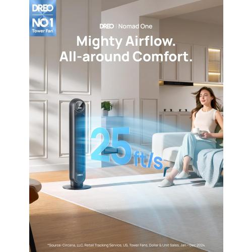 Dreo Tower Fan for Bedroom, 25ft/s Velocity Quiet Floor Fan, 90° Oscillating Fans for Indoors with 4 Speeds, 4 Modes, 8H Timer, Standing Fans, Bladeless Fan, Black, Nomad One (DR-HTF007)