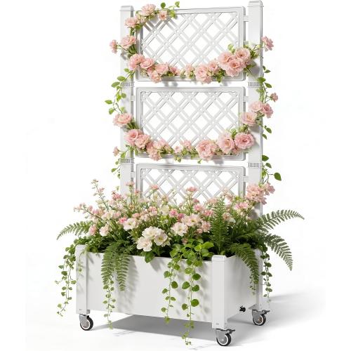 Miory 60 Raised Garden Bed with Trellis & Wheels, Vertical Gardening Planter Box with Water Level Indicator and Drainage System for Garden Outdoor Patio Balcony