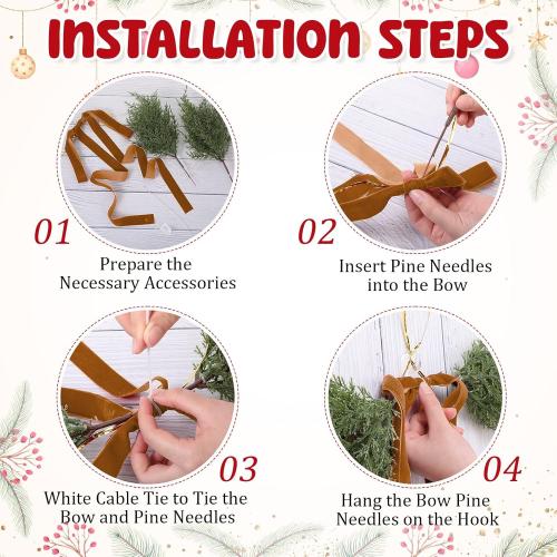 Hungdao 3 Set Christmas Bow Picture Frames Decorations Christmas Pine Branches and Bows Decor for Picture Photo Frames Holiday Xmas Home Wall Decoration (Camel)