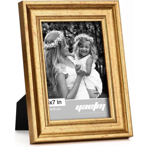 Yaetm 5x7 Gold Picture Frame Set of 4, 1.4” Wide Molding & Rustic Gold Photo Frames 5 x 7 with HD Tempered Glass, Display on Tabletop & Wall Mounting, 4 Pack