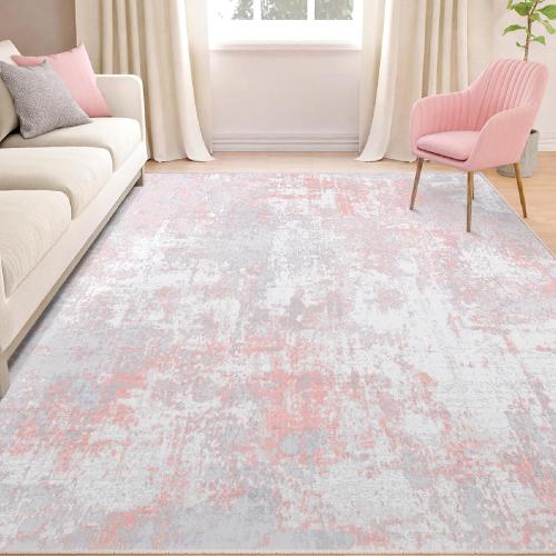 Washable Area Rugs Size  5'x7 Color pink ' Non-Slip Modern Abstract Soft for Living Room Entryway Bedroom Nursery, Print Pattern, Grey Pink