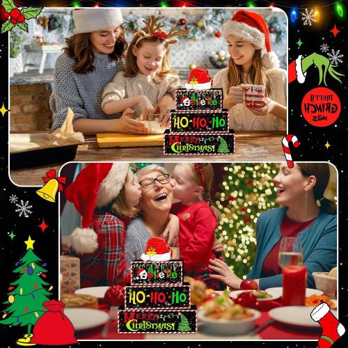 Britimes 4 Pcs Christmas Santa Hat Table Decor Christmas Tiered Tray Decorations Set Santa Hat Block Signs Gift Rustic Farmhouse Tabletop Decor for Table & Home Office