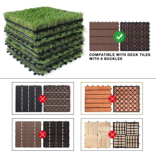 XLX TURF Artificial Grass Turf Tiles Interlocking Set 36 Pieces, Square Fake Grass Tiles Self-draining for Pet Indoor/Outdoor Flooring Decor, 12x12, 8 Buckle Systerm