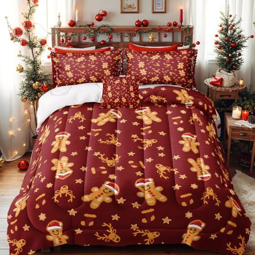 Bedbay Cartoon Christmas Bedding Set  Red and Gold Christmas Gingerbread Stars Elks Comforter Happy New Year Xmas Theme Quilt Set for Boys Girls Teen