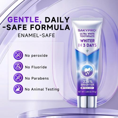 SAKYPRORAL Purple Toothpaste for Ultra Teeth Whitening, Peroxide Free & Fluoride Free, Enamel-Safe for Sensitive Teeth, Instant Brightening, 24-Hour Stain Defense, Fresh Mint, 1 Pack, 3.88 oz