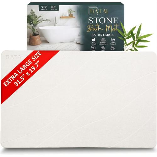 Extra Large Stone Bath Mat - (31.5” x 19.7”) - Absorbent Diatomaceous Earth Stone Bath Mat Large - Non-Slip Diatomite Bathmat - Easy Clean and Quick Drying - Long Instant Dry Bathmat - Beige XL