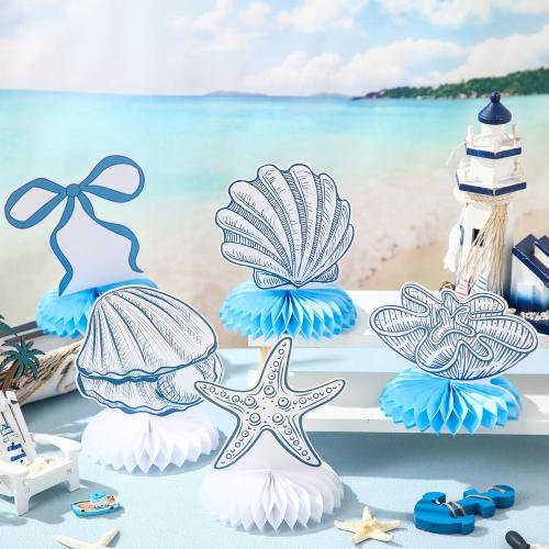 12 Pcs Blue Bow & Seashell Birthday Party Table Decor, Blue Bow Honeycomb Centerpieces, Summer Coastal Beach Party Decor, Starfish Seashell Table Topper for Birthday Bachelorette Bridal Wedding
