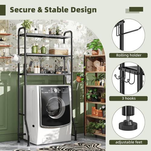 Simple Trending Expandable Over The Toilet Storage Rack, Metal 3 Tier Bathroom Organizer Shelf with Paper Holder and 3 Hooks, Black