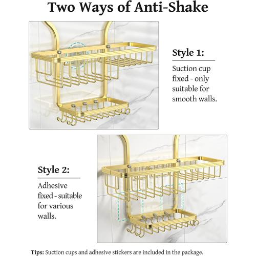 Gold Shower Caddy Over Shower Head Never Rust Aluminum Large Hanging Shower Caddy with 10 Hooks for Razor/Sponge - Over The Shower Head Caddy with Soap Basket - Hanging Shower Organizer Gold