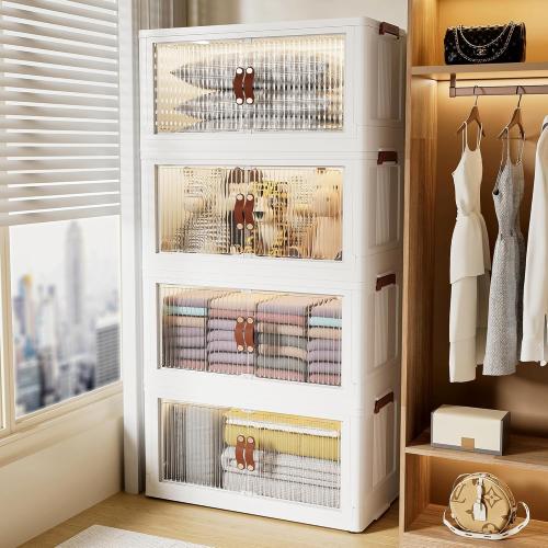 40QT Collapsible Storage Bins with Lid, Plastic Stackable Storage Bins with Open Front Doors and Wheels, Folding Storage Box for Closets, 4 Pack