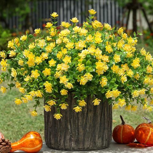 Ivydale Artificial Fall Flowers Plants Fake Mums for Autumn Outdoors Decoration, 12 Bundles Faux Plastic UV Resistant Greenery Bushes Shrubs for Home Porch Patio Garden (Yellow)