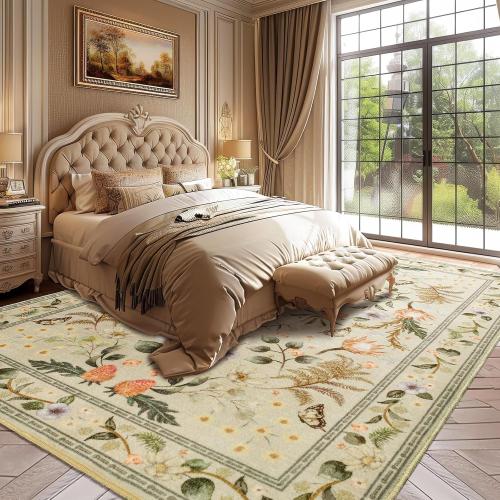 Area Rugs for Living Room, Washable 5x7 Vintage Rug for Bedroom, Non-Slip Floral Carpet for Home Office Nursery Dining Room Kitchen, Beige