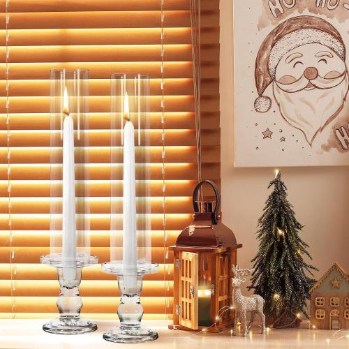 JarThenaAMCS 12 Sets Glass Hurricane Candle Holder 11.8 Tall Clear Glass Cylinder Tube and 4.3 Candle Stick Holder for Birthday Wedding Party Dining Table Centerpiece Decor
