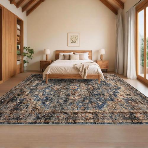 GarveeHome 10x13 Washable Vintage Living Room Area Rug: Vintage Machine Washable Area Rug for Living Room Indoor Large Non-Slip Bedroom Carpet Low Pile Stain Resistant Dining Room Carpet Blue&Brown