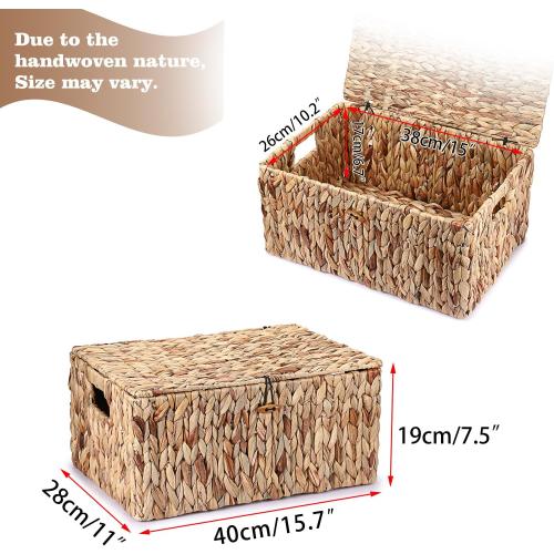Hipiwe Wicker Storage Bins with Lid, X-Large Handwoven Water Hyacinth Wicker Baskets Rectangular Decorative Shelf Baskets Bin Built-in Handles Household Basket Boxes for Shelf Home Organizing