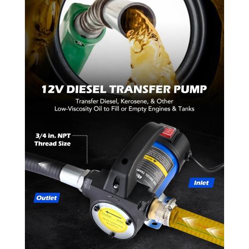 Motor Tech Diesel Transfer Pump, 12 Volt Fuel Transfer Pump with Nozzle Hoses for Transferring Diesel, Kerosene, Self Priming DC Electric Fuel Pump Kit