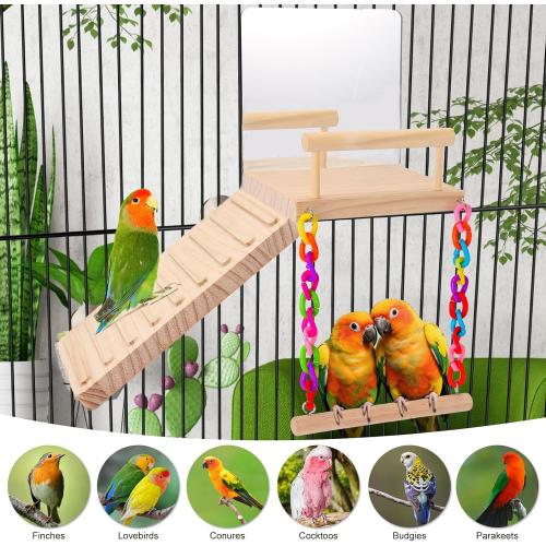 KyoukiBird Perch Platform Bird Toys with Bird Mirror Climbing Ladder Swing, Parakeet Cage Accessories - for Cockatiels, Lovebirds, Budgies,Pacific Parrotlets,Finch,Canaries - Wooden Play Gym