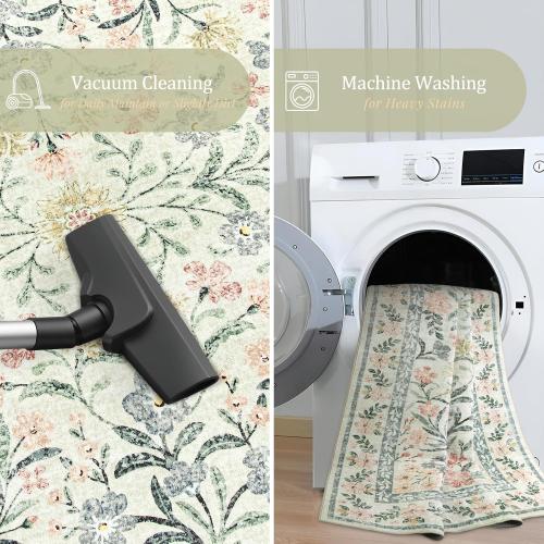 Morebes Floral Machine Washable Area Rugs 10x14 Vintage Boho Nursery Rug Girl Non-Slip, Flower Indoor Floor Throw Carpet for Living Room Bedroom Kitchen Playroom Home, White/Multi
