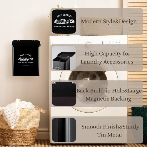 Magnetic Lint Bin for Laundry Room, Wall Mounted Lint Trash Can with Lid for Dryer, Laundry Room Organization and Storage with Brush(Black)