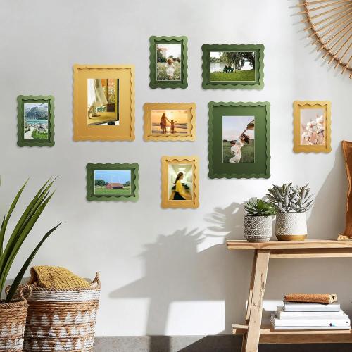 11x14 Picture Frame with Mat for 8x10, Wavy Edge Wooden Real Glass Photo Frame for Wall Hanging, Green, 2 Pack