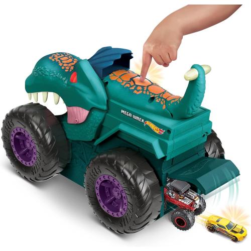 Hot Wheels Monster Trucks Car Chompin' Mega-Wrex, Large Toy Monster Truck & Toy Car, Eats & Poops 1:64 Scale Vehicles, Lights & Sounds