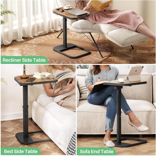 Kitstorack TV Tray Table, Adjustable Height & Flip-Top & Rounded Metal Corners, Snack Table for Couch, Sofa, Bed, Chair, Living Room, C Shaped End Side Table for Eating, Dinner or Laptop, Small Spaces