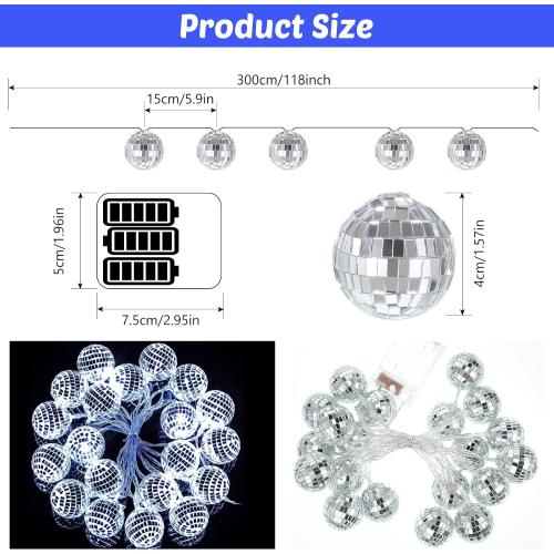 White Silver Cunno 40 LED Disco Ball String Lights 70s Decorations 9.8 ft Mirror Disco Light Battery Operated Ball Globe Ornaments for Christmas Wall Tree Indoor Outdoor Party Supply(White Silver)