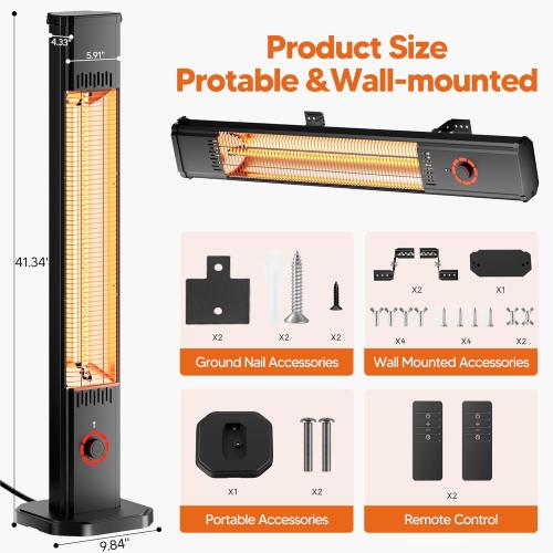 Outdoor Heater for Patio 1500W, 8H Timer, IP34 Waterproof, Infrared Electric Patio Heater, 8 Levels Heating for Garage Backyard Black with Dustproof Cover
