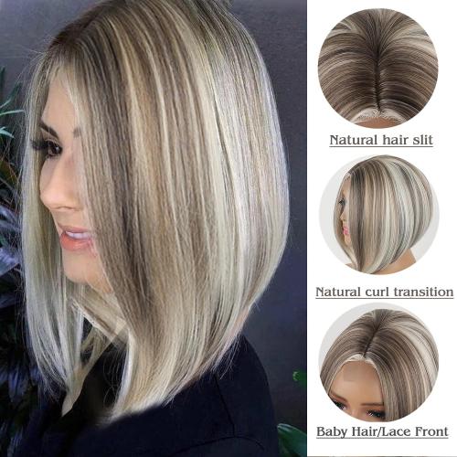CHINOO Short Lace Bob Hair Wigs for White Women Blonde Skunk Stripe Wig,Shoulder Length Wigs for Women Synthetic Stremlined A-Line Bob Wig Shades of Blonde,White and Brown(F4P/60#)