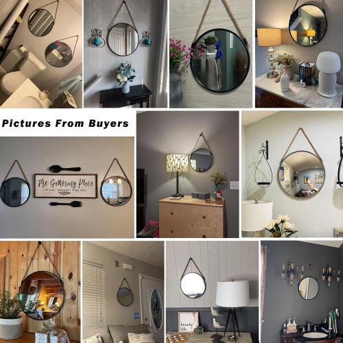 POZINO Round Hanging Mirror, 20 Rope Wall Mirrors Decorative, Black Metal Frame Circle Mirrors, Farmhouse Wall Mounted Mirrors for Bathroom, Bedroom, Living Room, Entryway, Home Decor