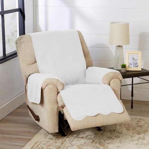 Reversible Recliner Chair Cover - Washable Slipcover Furniture Protector with Elastic Straps - Furniture Cover for Dogs, Kids, and Pets - Quilted & Stitched Detail (Recliner, White / Sand) 79x68