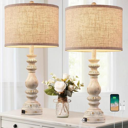 Farmhouse Bedside Lamps Set of 2 Bedroom Lamps for Nightstand with USB A C Ports, 28” Rustic Vintage Table Lamps for Living Room with Rotary Switch - Bulb Not Included