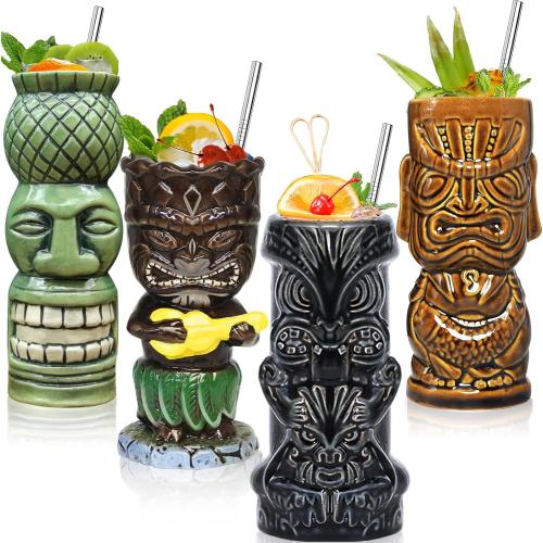 Tiki Glasses for Cocktails Mugs Set of 4 Ceramic Party Cups Bar Decor Creative Large Hawaiian Drinking Bar Decorations Vintage Tropical Drinkware Barware 4 Packs