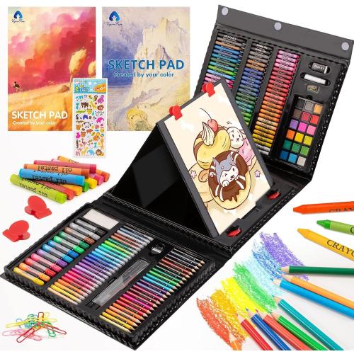 VigorFun Art Supplies, 240-Piece Art Set Crafts Drawing Kits with Double Sided Trifold Easel, Sketch Pads, Crayons, Colored Pencils, Gifts for Kids Girls Boys Teen Ages 4-6-8-9-12 (Black)