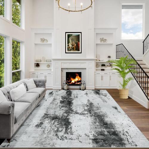 8x10 Area Rugs Washable Rug: Modern Abstract Living Room Rug Soft Anti-Skid Thin Carpet Indoor Floor Non-Shedding Carpets for Bedroom Dining Room Farmhouse Nursery Home Office Black White Grey