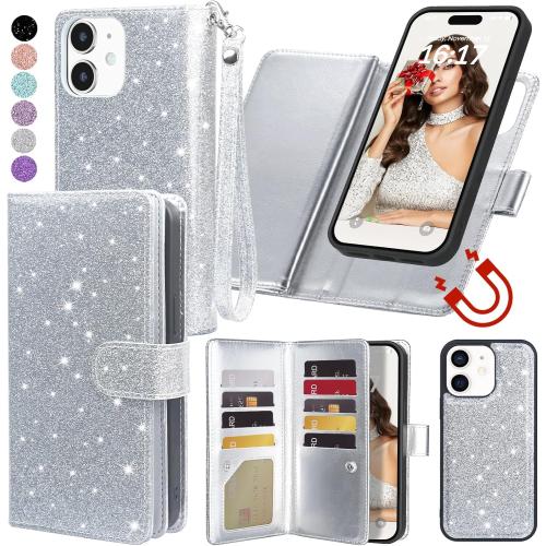 Varikke for iPhone 11 Wallet Case Detachable with Card Holder for Women Girls, Fashion Glitter PU Leather Wrist Strap Strong Magnetic Flip Wallet Removable Phone Case Cover for iPhone 11 6.1, Silver