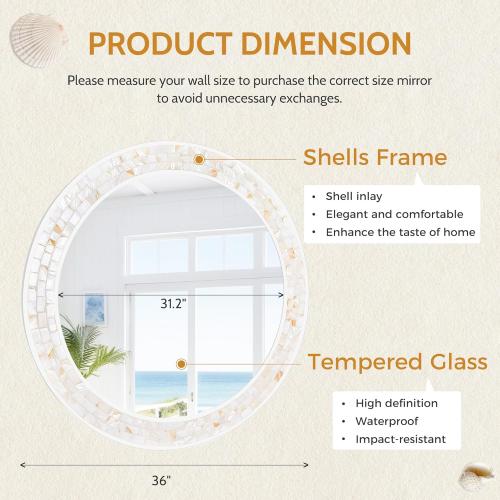 Tanmicoshomy 36 Inch Large Round Mirror, Natural Shell Inlay Framed Large Circle Mirrors with Shatterproof Glass for Bathroom Bedroom Living Room or Entryway (White)