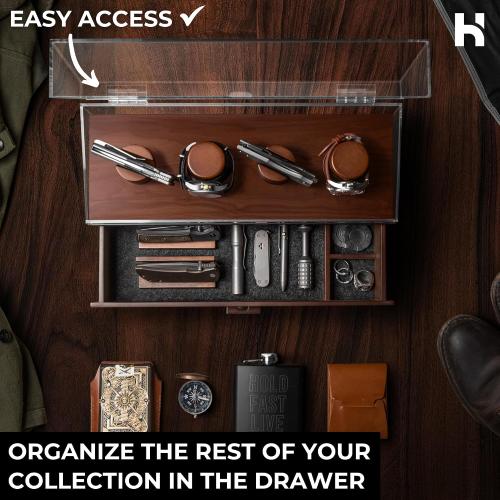 Watch & Pocket Knife Display Case – Switch Up Your Display with The Modular Pillars – Knife Case for Men with Hinged Acrylic Cover and Felt Lined Drawer – The Combo Deck for Men