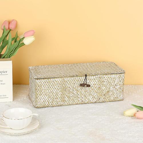Hipiwe Seagrass Storage Basket Bin 3 Sections Hand-Woven Wicker Baskets with Lid Bathroom Basket Toilet Tank Baskets Holder for Organize Snack Tissue, Whitewash