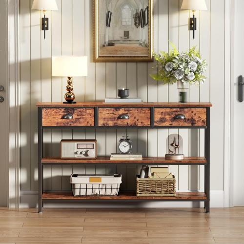 Furologee Long 47 Console Sofa Table with 3 Drawers, Entryway Table with 3-Tier Storage Shelves, Industrial Display Shelf for Entry Way, Hallway, Couch, Living Room, Kitchen, Foyer, Rustic Brown